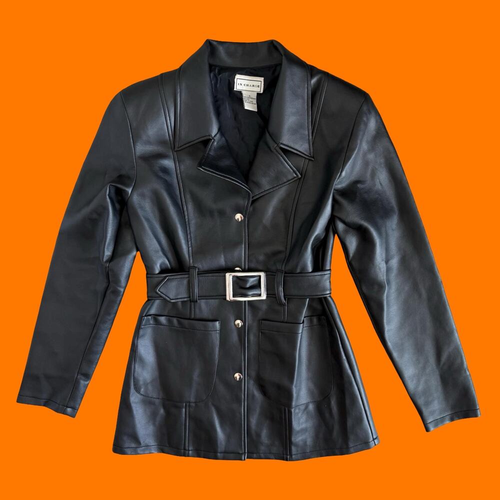 90's vintage black pleather belted jacket SMALL in charge